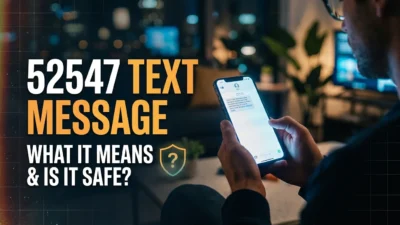 52547 text message showing a phone notification and safety warning
